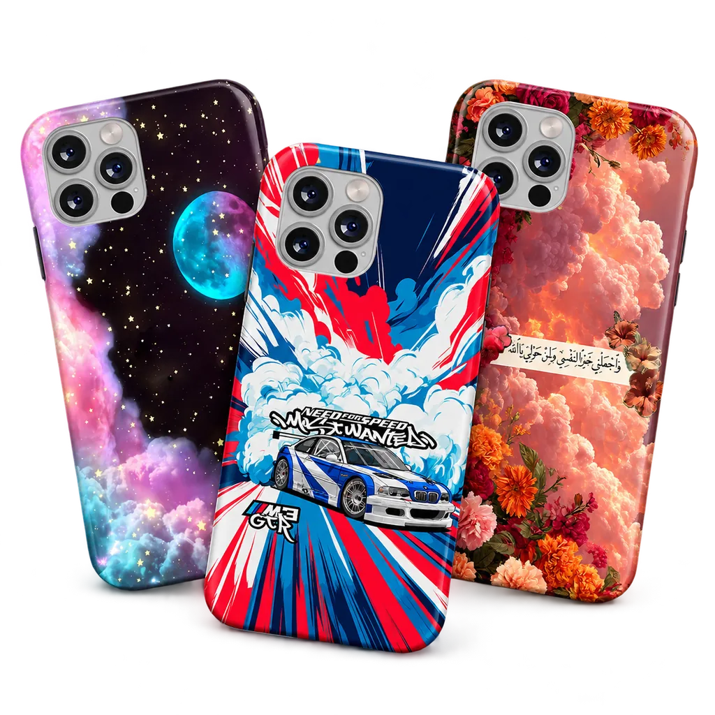 Three printed phone cases fanned out