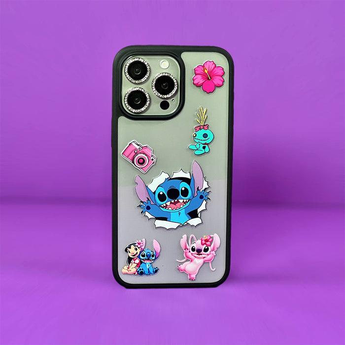 Stitch Magic Mask 3D Phone Case with raised Stitch bursting out, Angel and hibiscus charms