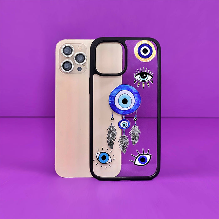 Evil Eye Magic Mask 3D Phone Case with a raised blue nazar charm and feathers