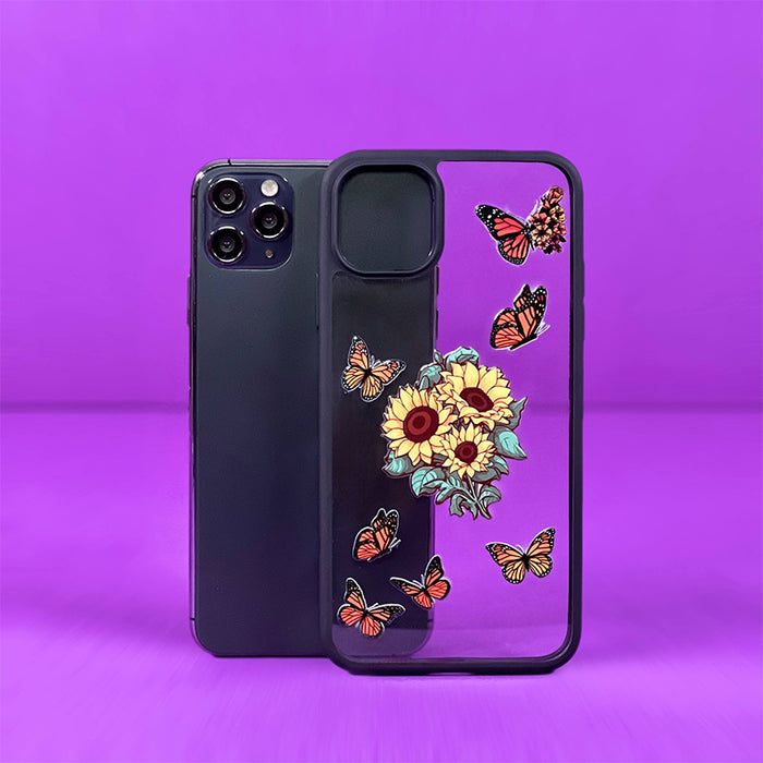 Butterflies Magic Mask 3D Phone Case with raised sunflower bouquet and orange monarch butterflies