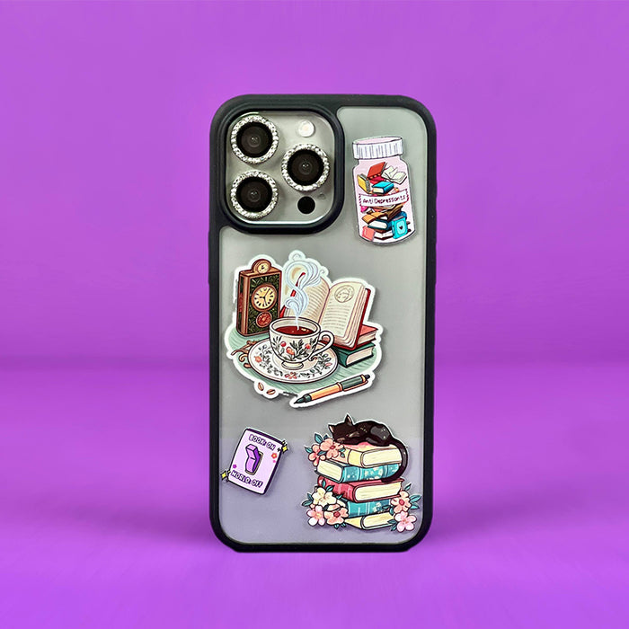 Book Lovers Magic Mask 3D Phone Case with raised books, tea cup and clock charms