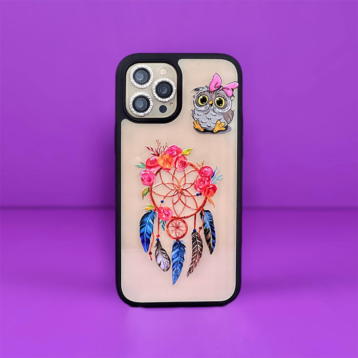 Cute Mandala Magic Mask 3D Phone Case with a raised floral dreamcatcher and owl charm