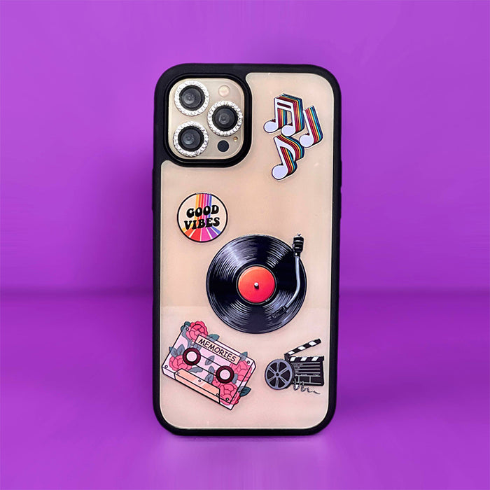 Nostalgia Magic Mask 3D Phone Case with raised vinyl record, cassette and music note charms