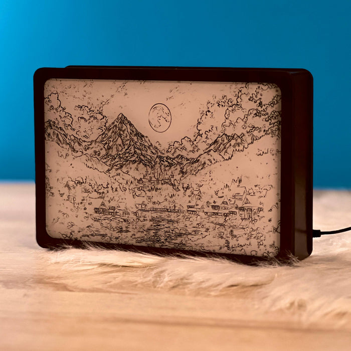 Moonlight Valley Night Light Box switched off, engraved mountains, moon and lakeside village