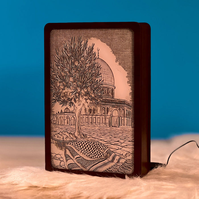 Palestine Night Light Box switched off, engraved olive tree, keffiyeh and Dome of the Rock