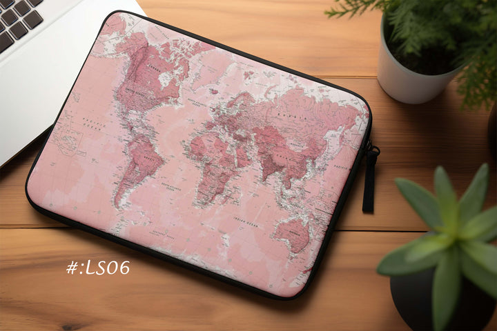 Laptop sleeve featuring a detailed pink world map design bunny store