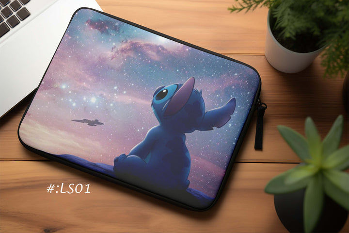 Laptop sleeve featuring Stitch sitting under a galaxy night sky with stars and spaceship bunny store
