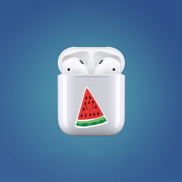 White airpod case with a watermelon design on a blue background
