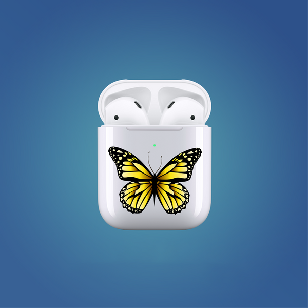 White wireless earbuds case with a yellow butterfly design on a blue background