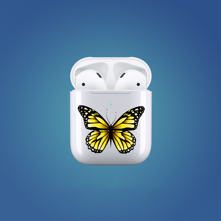 White wireless earbuds case with a yellow butterfly design on a blue background