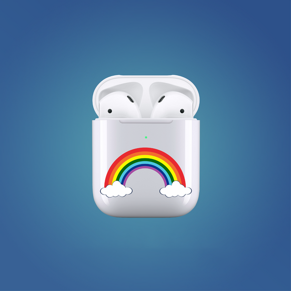 White wireless earbud case with a rainbow design on a blue background