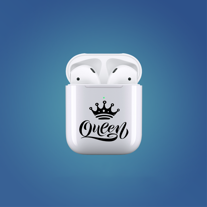 White wireless earbuds case with 'Queen' and a crown design on a blue background