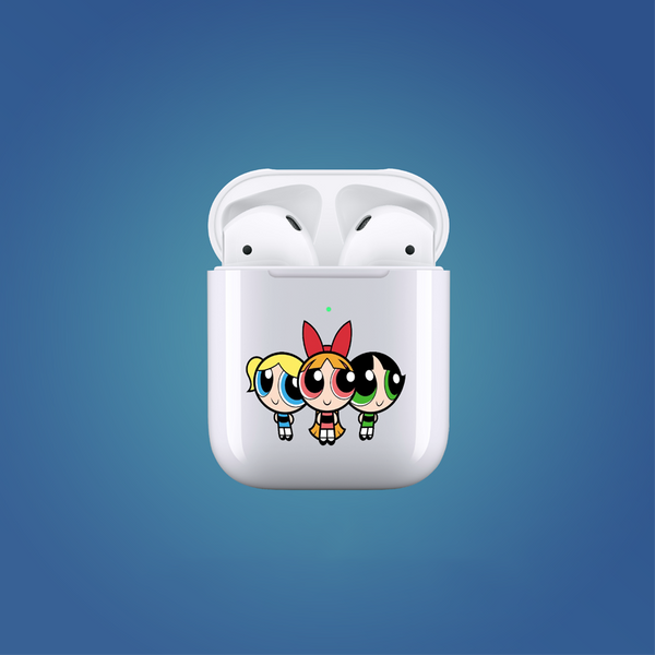 White wireless earbud case with cartoon character power puff girls design on a blue background