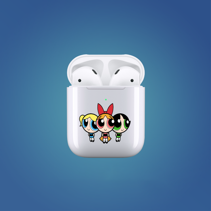 White wireless earbud case with cartoon character power puff girls design on a blue background