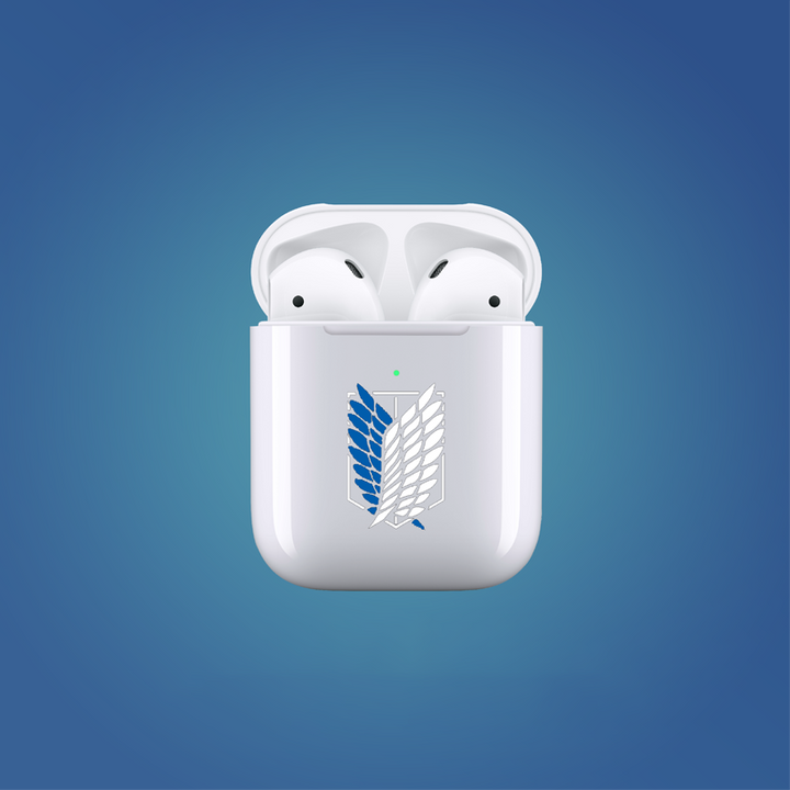 White wireless earbud case with a logo of attack on titans wings of freedom on a blue background