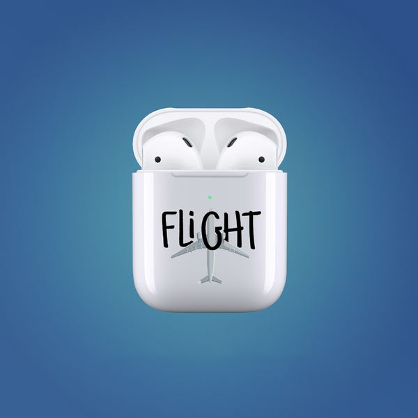 White airpod case with 'FLIGHT' text on a blue background