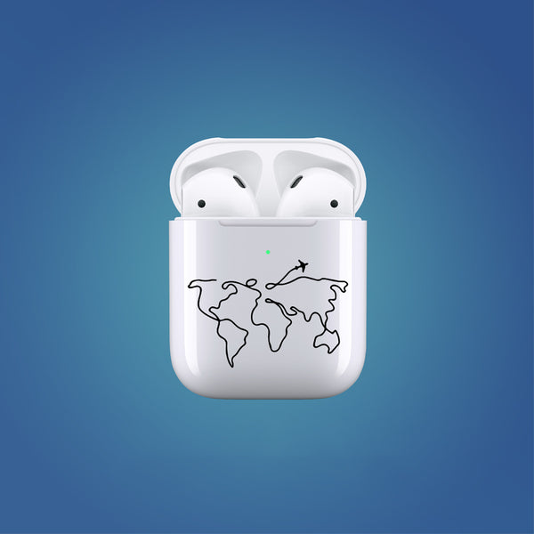 White wireless earbud case with world map design on a blue background