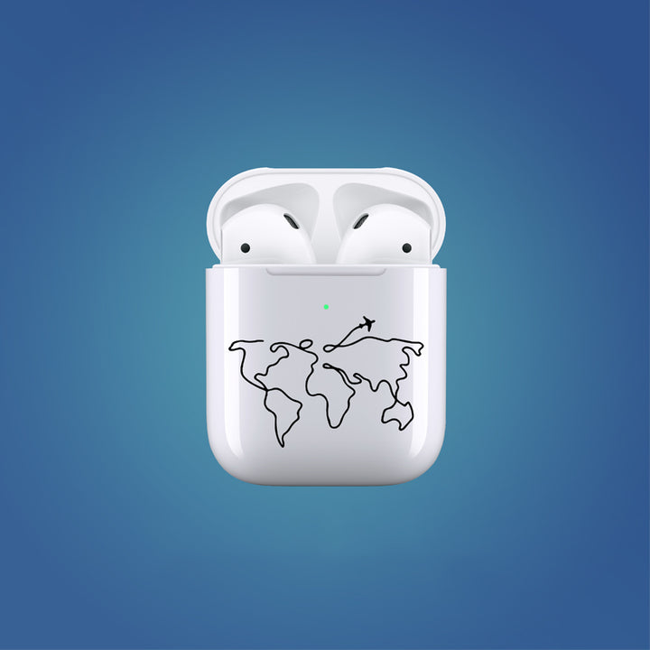White wireless earbud case with world map design on a blue background