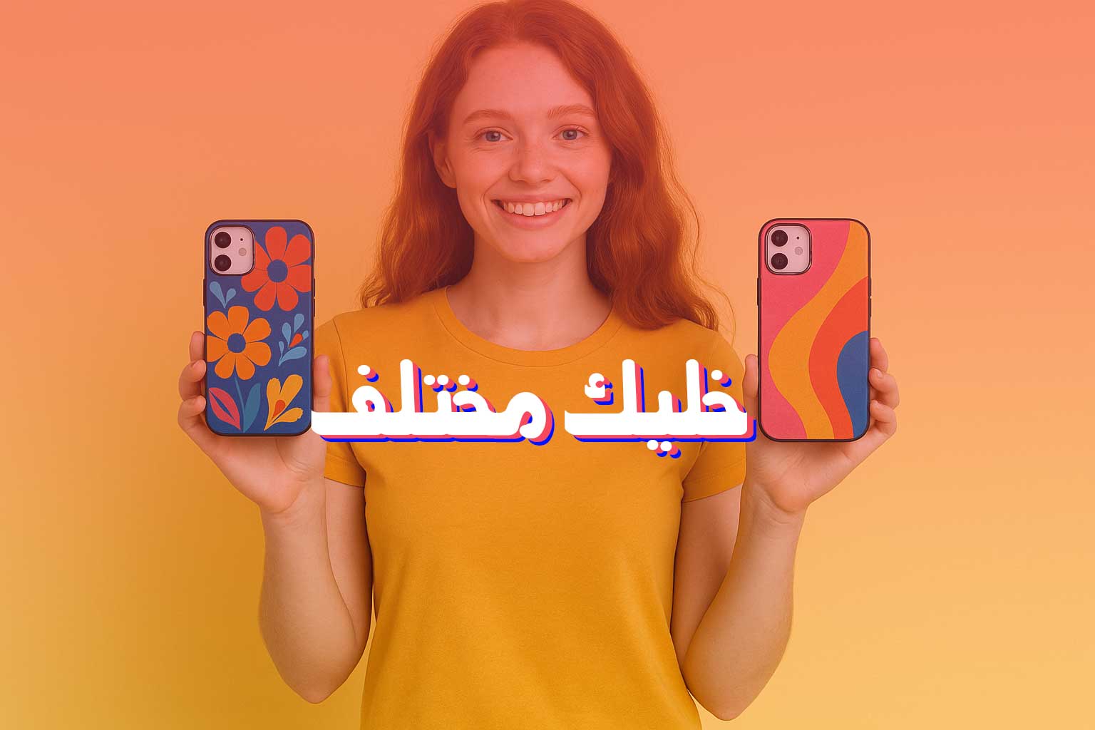 Person holding two colorful phone cases against an orange background