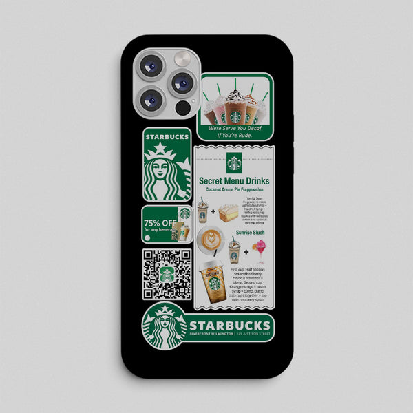 Phone case with Starbucks branding and menu design on a gray background by bunny store