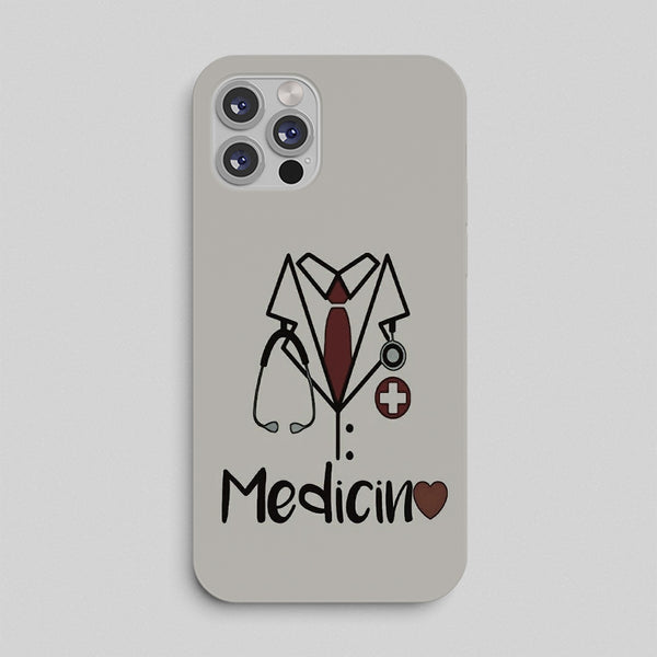 Phone case with a doctor illustration and 'Medicina' text on a gray background