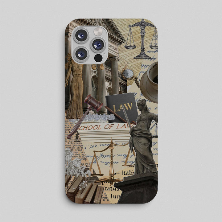 Phone case with legal theme featuring scales of justice, gavel, and law books.