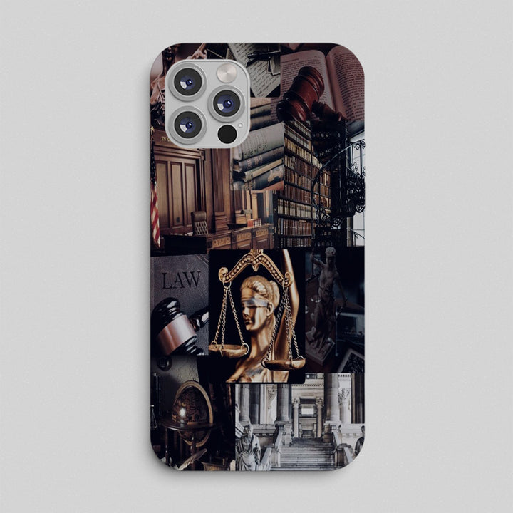 Phone case with legal theme design featuring scales of justice and books.