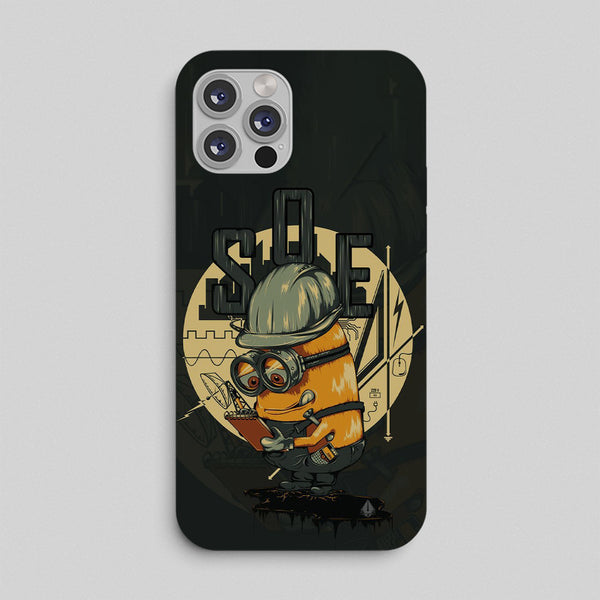 Phone case with a design of a minion character holding a tablet and text on a black background