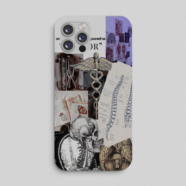 Phone case with medical and anatomical designs on a light gray background