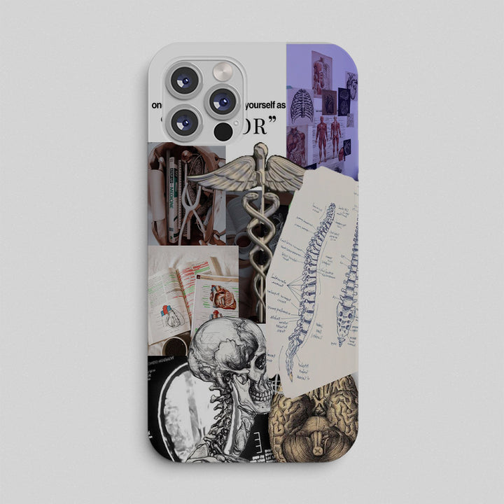 Phone case with medical and anatomical designs on a light gray background