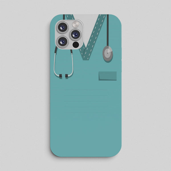 Phone case with stethoscope design and a blue surgical scrub on a light gray background