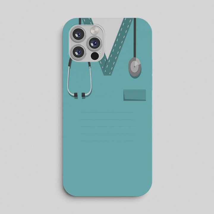 Phone case with stethoscope design and a blue surgical scrub on a light gray background