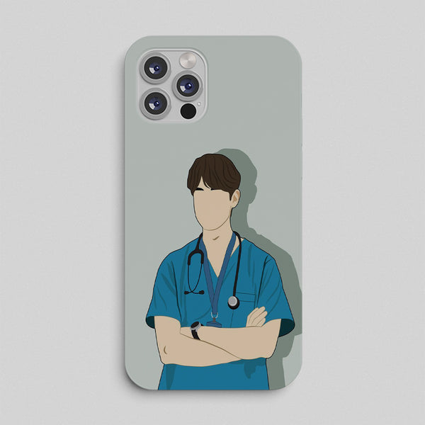 Phone case with an illustration of a doctor wearing blue scrubs and a stethoscope on a light gray background