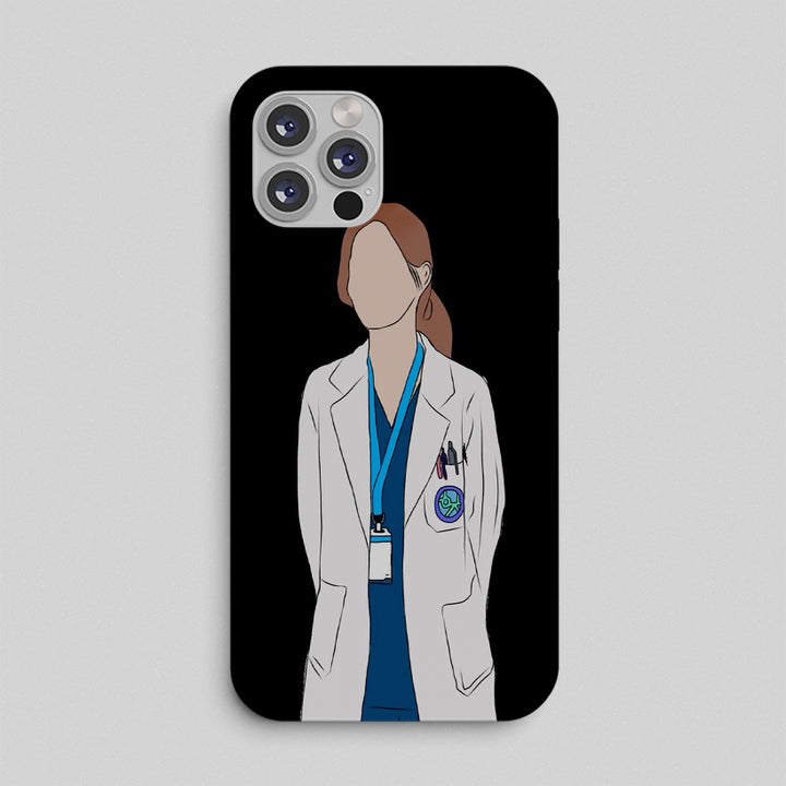 Phone case with illustration of a Doctor wearing a white lab coat and blue scrubs on a black background.