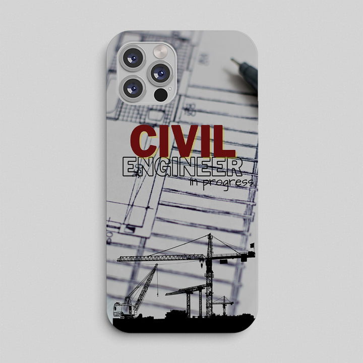 Phone case with 'Civil Engineer In Progress' text and construction images on a light gray background