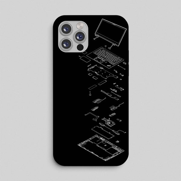 Phone case with white technical diagram laptop exloded view on a black background