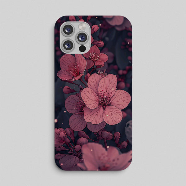 Phone case with pink floral design on a dark background