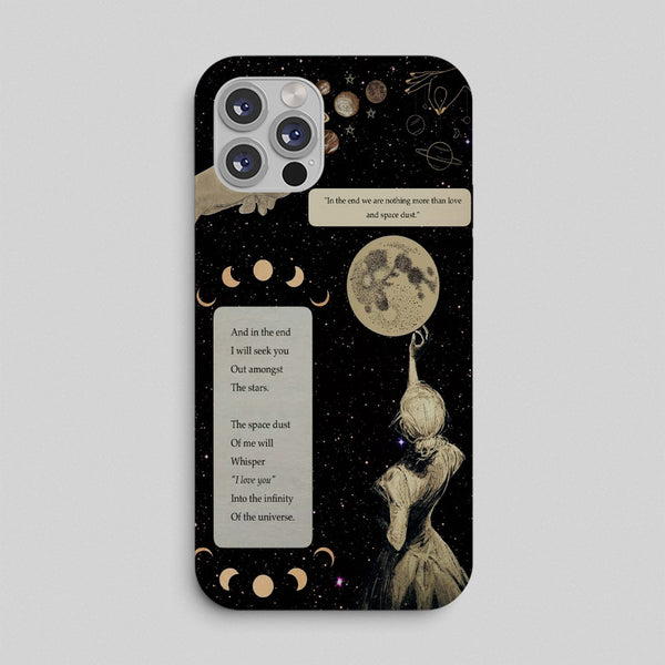 Phone case with celestial design, moon phases, and text on a black background