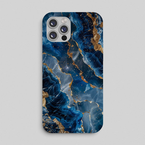 Phone case with blue and gold marble design on a gray background