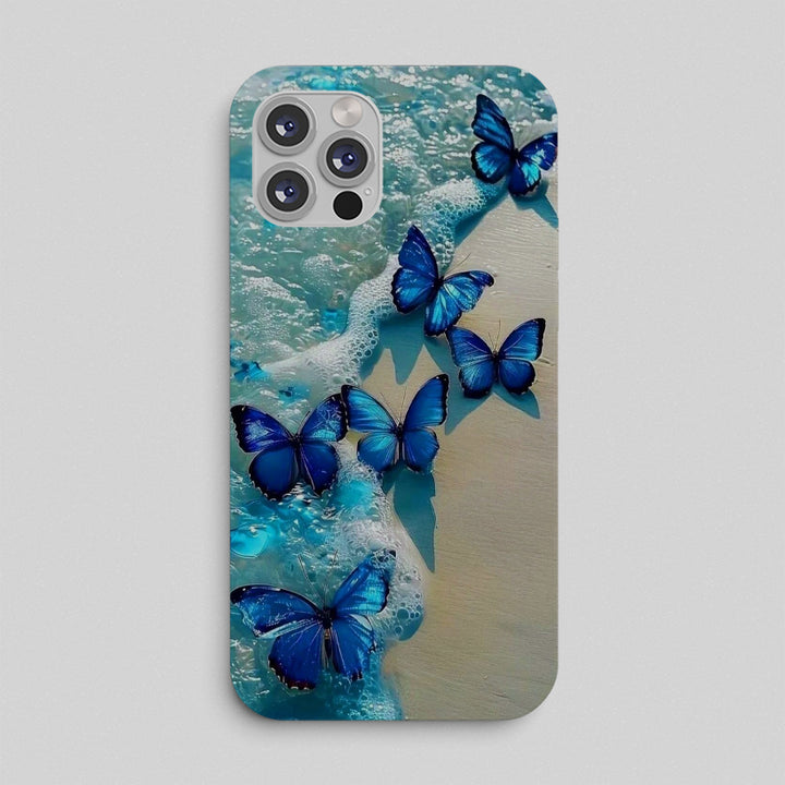 Phone case with blue butterfly design on a light background