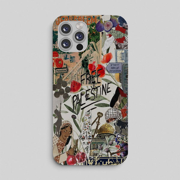 Phone case with a collage design featuring 'Free Palestine' text on a gray background