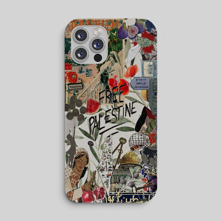 Phone case with a collage design featuring 'Free Palestine' text on a gray background