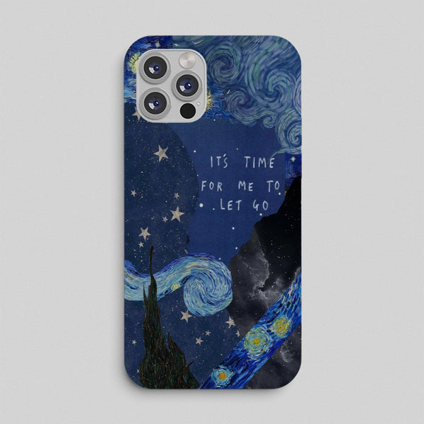 Phone case with starry night design and text 'It's time for me to let go' on a gray background