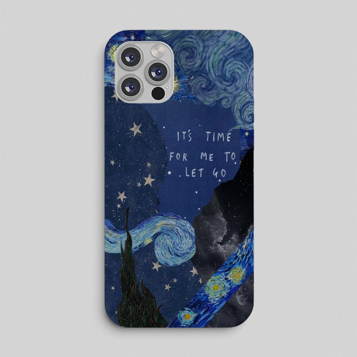 Starry Night Van Gogh Phone Case with a swirling sky and "It's time to let go"