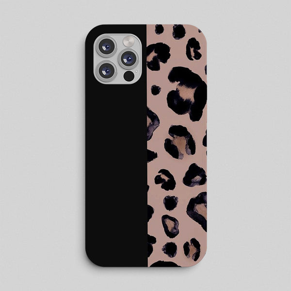 Phone case with black and pink leopard print design on a gray background