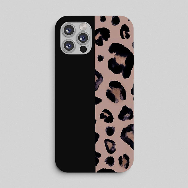 Phone case with black and pink leopard print design on a gray background
