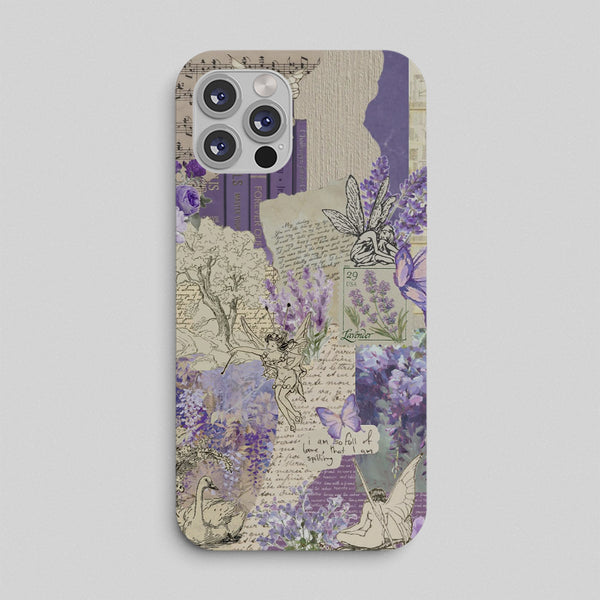 Phone case with floral and fairy design on a light gray background