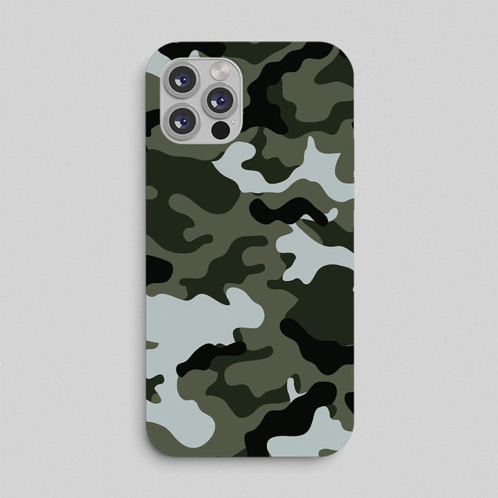 Camouflage-patterned phone case on a light gray background