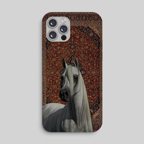 Phone case with a horse design on a patterned background