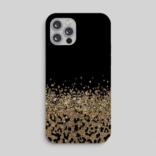 Phone case with black and gold leopard print design on a light gray background